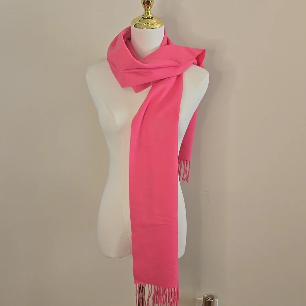 Coach 100%‎ Cashmere Scarf – Pink with Fringe Trim, Luxe Preppy Classic